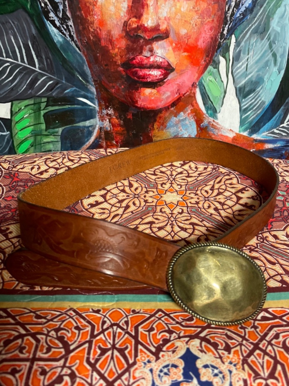 Brown Leather Belt with Brass Oval Buckle